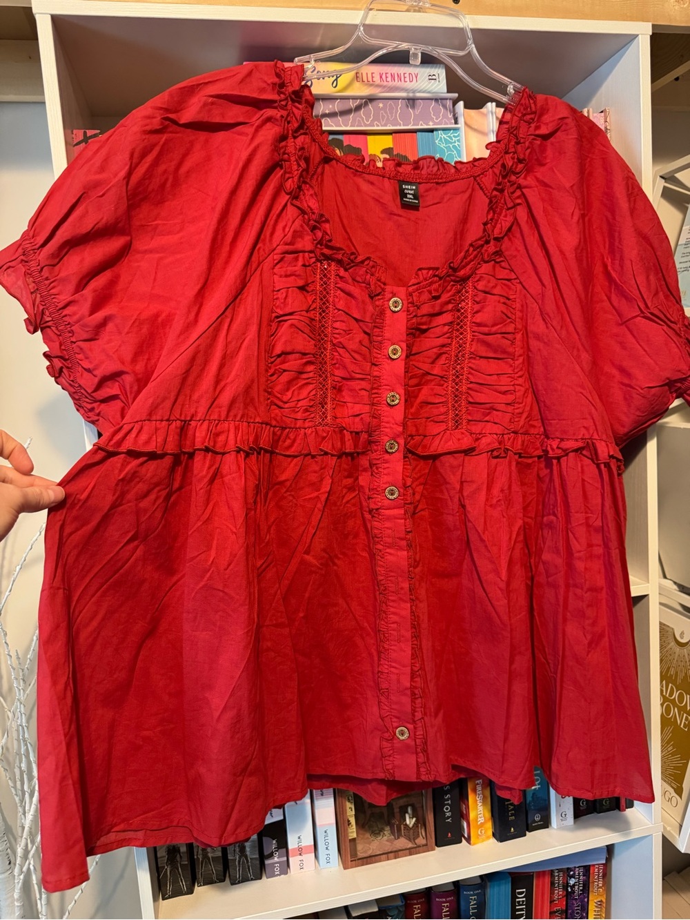 Red Ruffle Button-Front Peasant Blouse - Picture 3 of 12